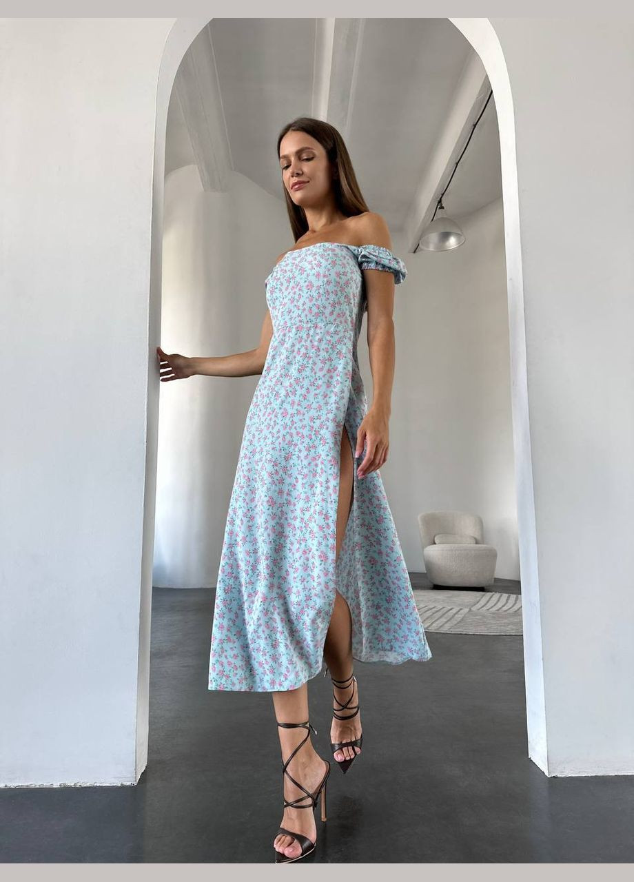 Блакитна кежуал, коктейльна сукня у квітковий принт No Brand з квітковим принтом