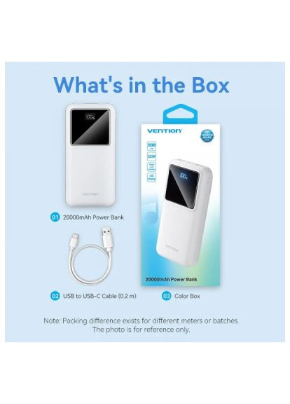 Батарея універсальна (FHLW0) Vention 20000mAh 22.5W 3A, PD, QC/3.0, LED Display, White (371772287)