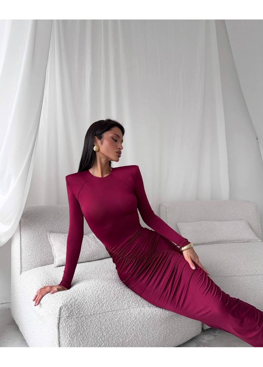 Бордовое праздничный женское макси-платье с драпировками — замеры в описании силуэтная GD/GL Модний простір однотонное