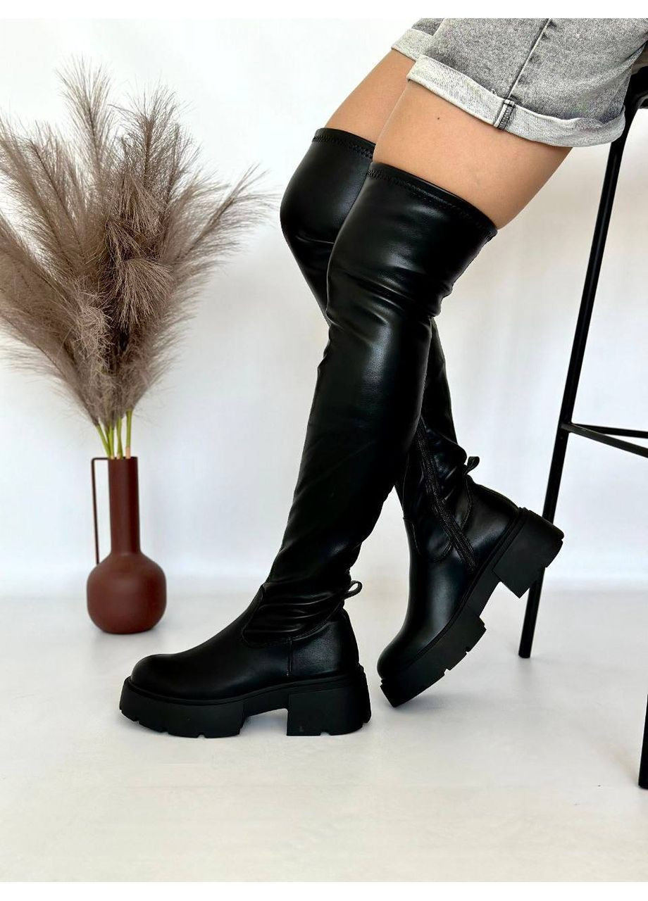 Черные осенние женские демисезонные сапоги ботфорты на платформе No Brand