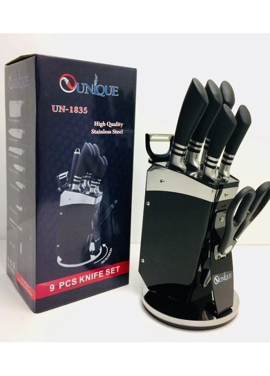 Набор ножей UNIQUE UN-1835 9 предметов на подставке Черный Акриловая подставка No Brand комбинированные,
