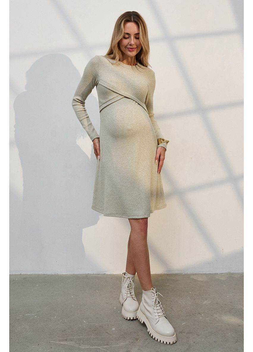 Серо-зеленое платье для беременных и кормящих из плотного трикотажа цвет шалфей Юла мама