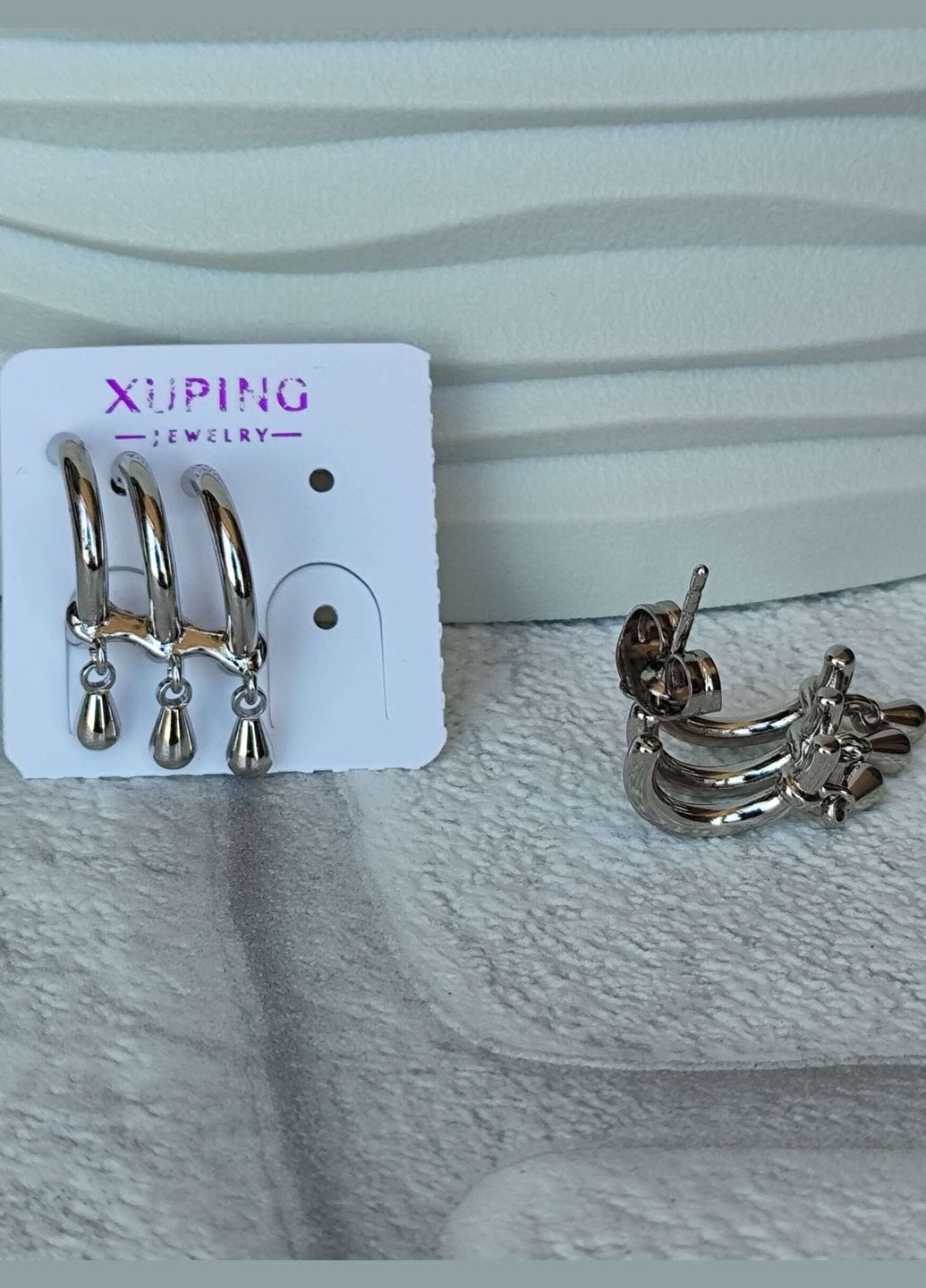 Стильні сережки цвяшки під срібло імітація потрійного проколу xuping родій Xuping Jewelry (337503325)
