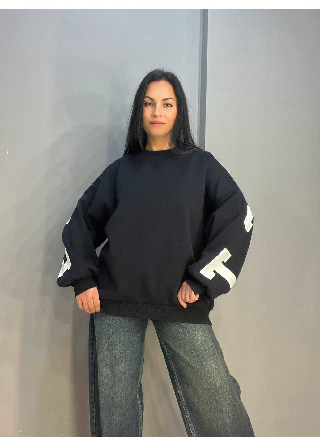 Чорний світшот жіночий davras 6001 подовжений оверсайз напис на спині perfect утеплений на флісі one size чорний (314822891)