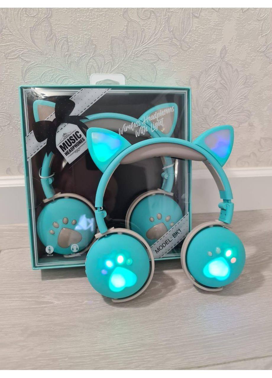 Бездротові дитячі навушники "CAT" ВК-1 з котячими вушками і LED підсвічуванням, подарункові м'ятно-зелені Atd (349824259)