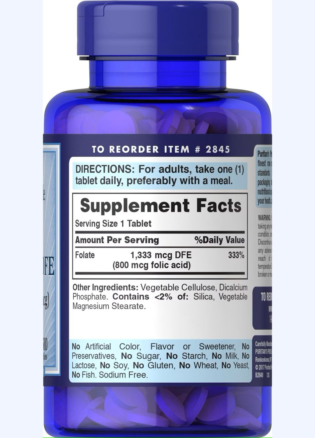 Фолиевая кислота Puritan's Pride Folic Acid 800 mcg 250tabl Puritans Pride (294444820)