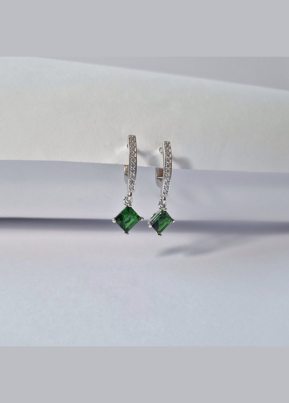 Срібні сережки з підвіскою Квадрат із Зеленими каменями срібло 925 проби Родоване 439 4.00г No Brand (307172924)