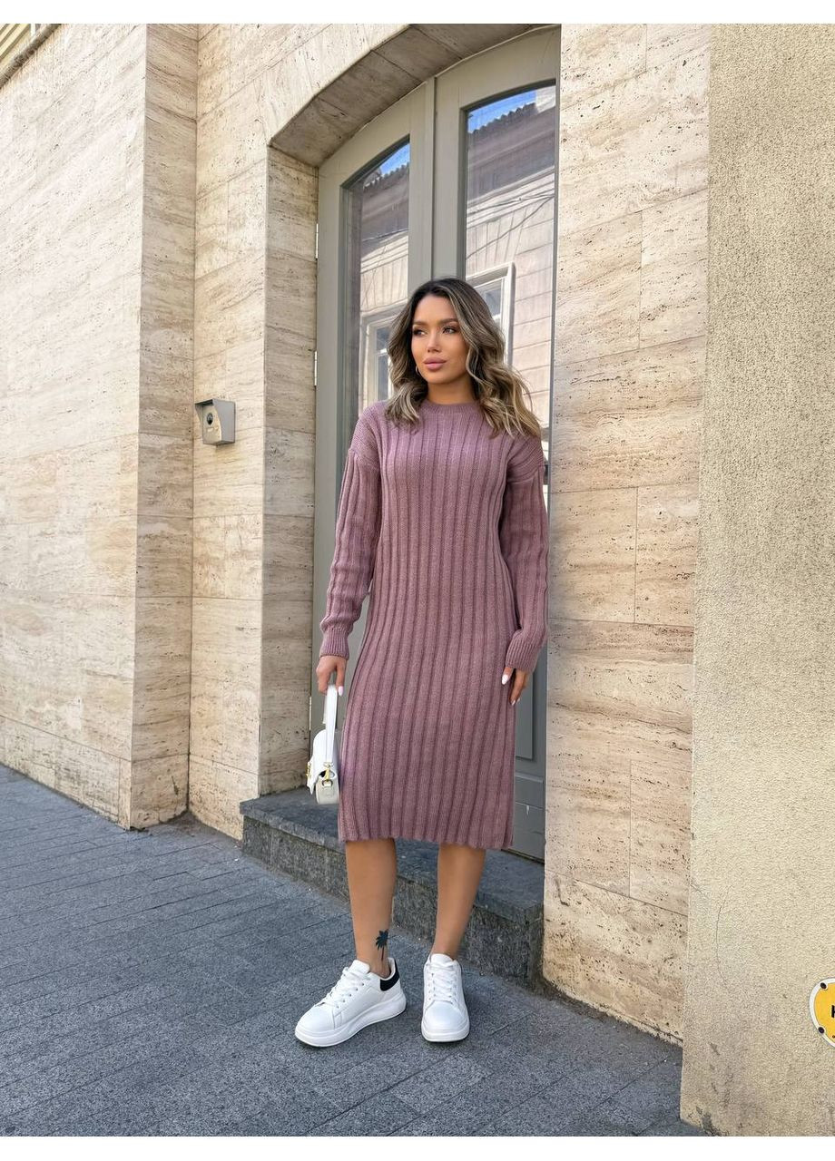 Пудрова жіноча тепла вязана шерстяна сукня інтер вязка резинка до коліна пудра You Best