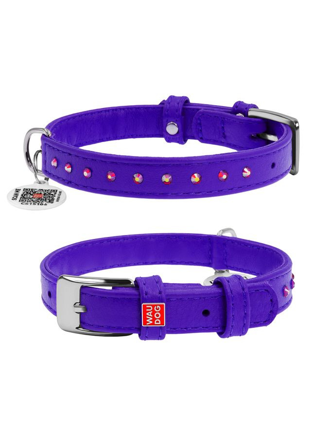 Нашийник для собак шкіряний Glamour з QR паспортом, з клейовими стразами, Ш 15 мм, Дов 27-36 см фіолетовий WAUDOG (322001532)