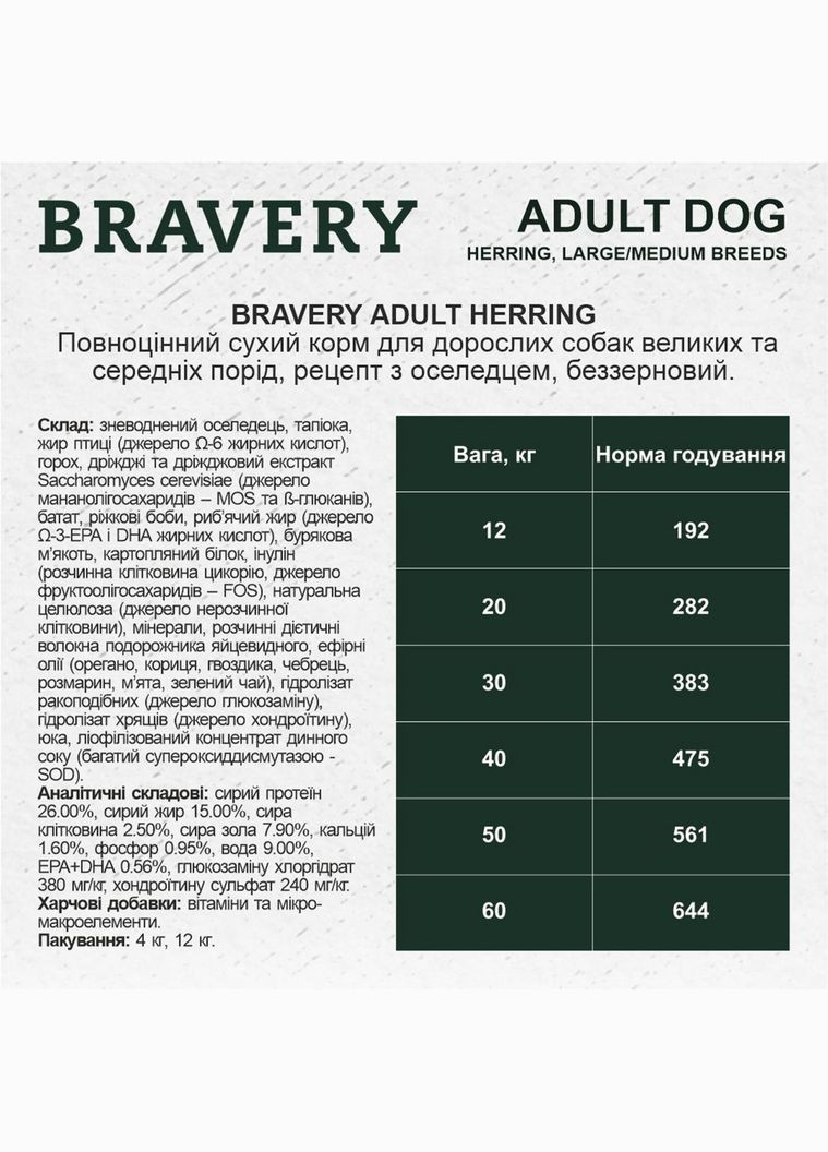 Сухой корм Herring Large/Medium Adult для взрослых собак средних и больших пород с сельдью 4 кг (8436538950616) Bravery (316226721)