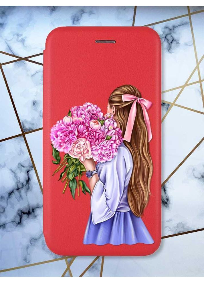 Чехол-книжка красный с рисунком на Xiaomi Redmi Note 14 4G Девушка с пионами (принт 11) Creative (364688119)