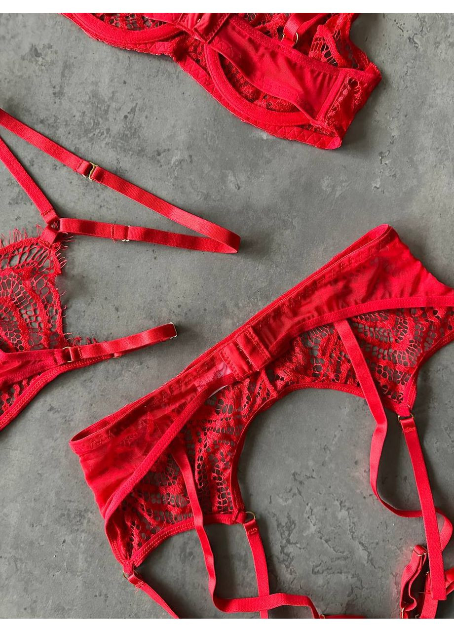 Червоний балконет комплект жіночий білизни | мереживний з поясом для панчіх, червоний Vital-Textile з кісточками поліестер, еластан