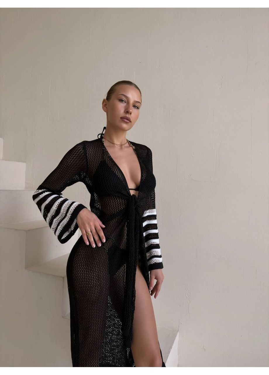Жіноча чорна в’язана пляжна туніка з розкльошеними рукавами / Жіноча ажурна чорна туніка крючком довга / Жіноча чорна туніка No Brand (369369783)