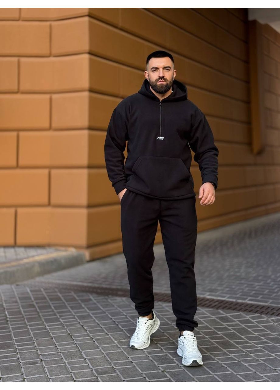 Чорний зимній чоловічий теплий флісовий костюм із капюшоном брючний No Brand