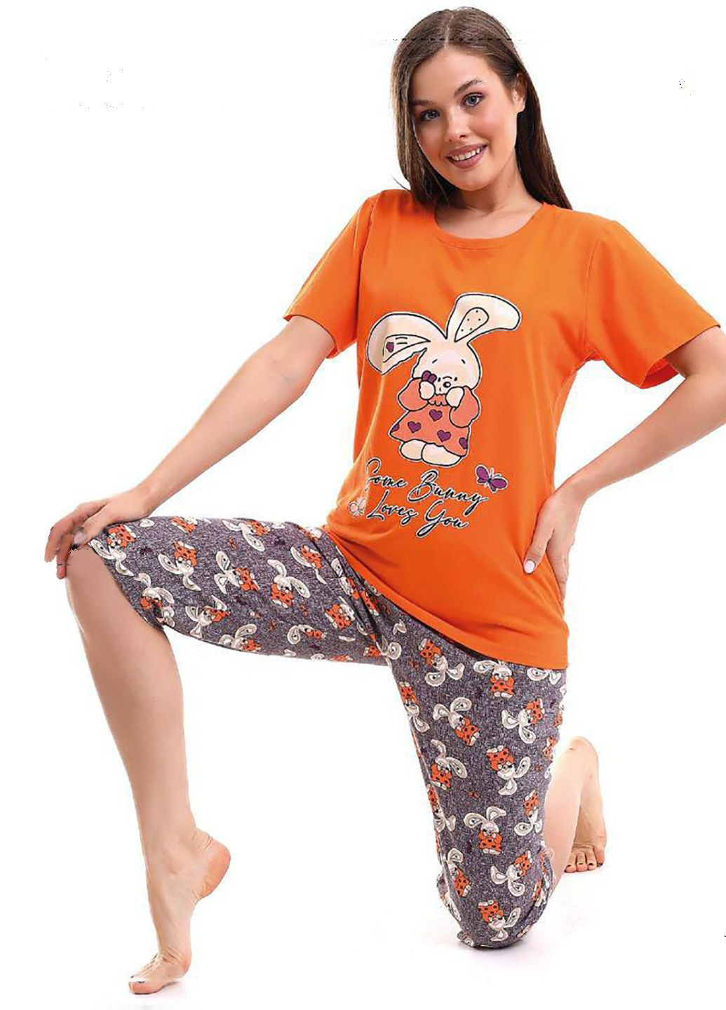 Оранжевая пижама домашний костюм футболка + капри Mira
