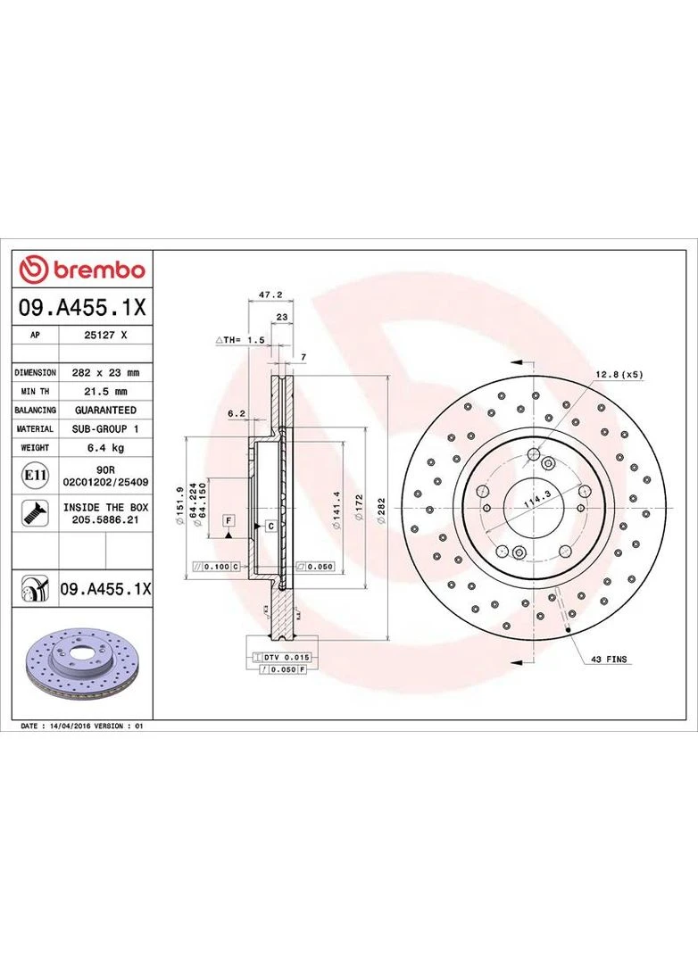 Тормозной диск 09.A455.1X Brembo (390270993)