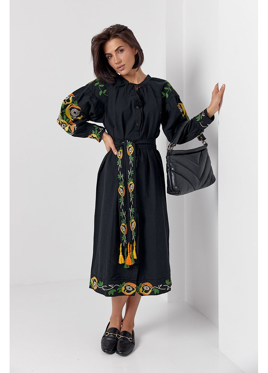 Черное праздничный, повседневный, деловое изысканное хлопковое платье миди с вышивкой No Brand с цветочным принтом