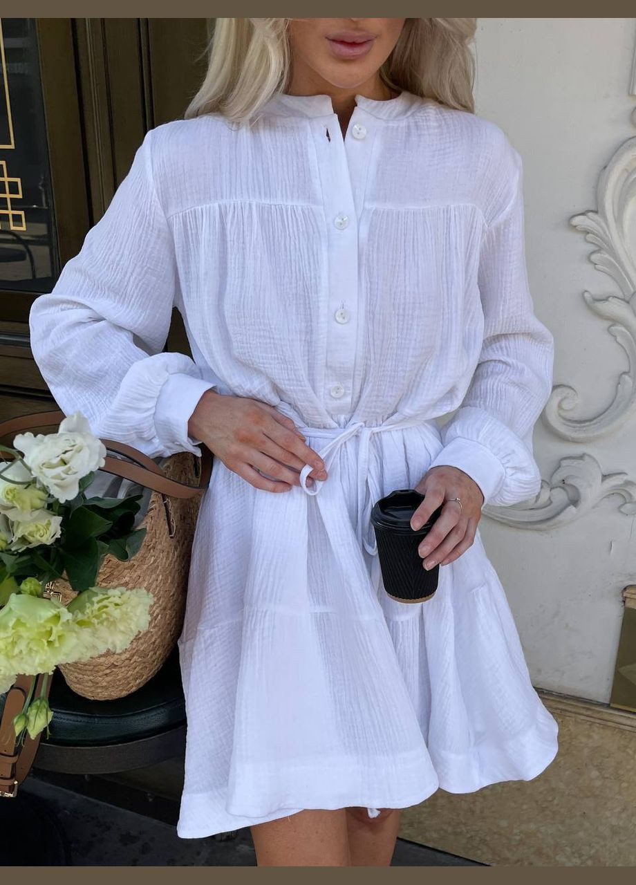 Белое лёгкое однотонное белое платье "прованс" из качественного муслина, свободное платье со шнурком и длинным рукавом No Brand