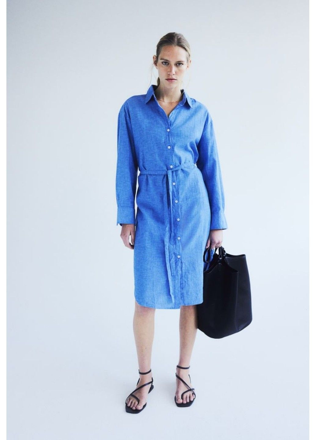 Синее повседневный женское платье-рубашка из льняной смеси н&м (57522) s синее H&M