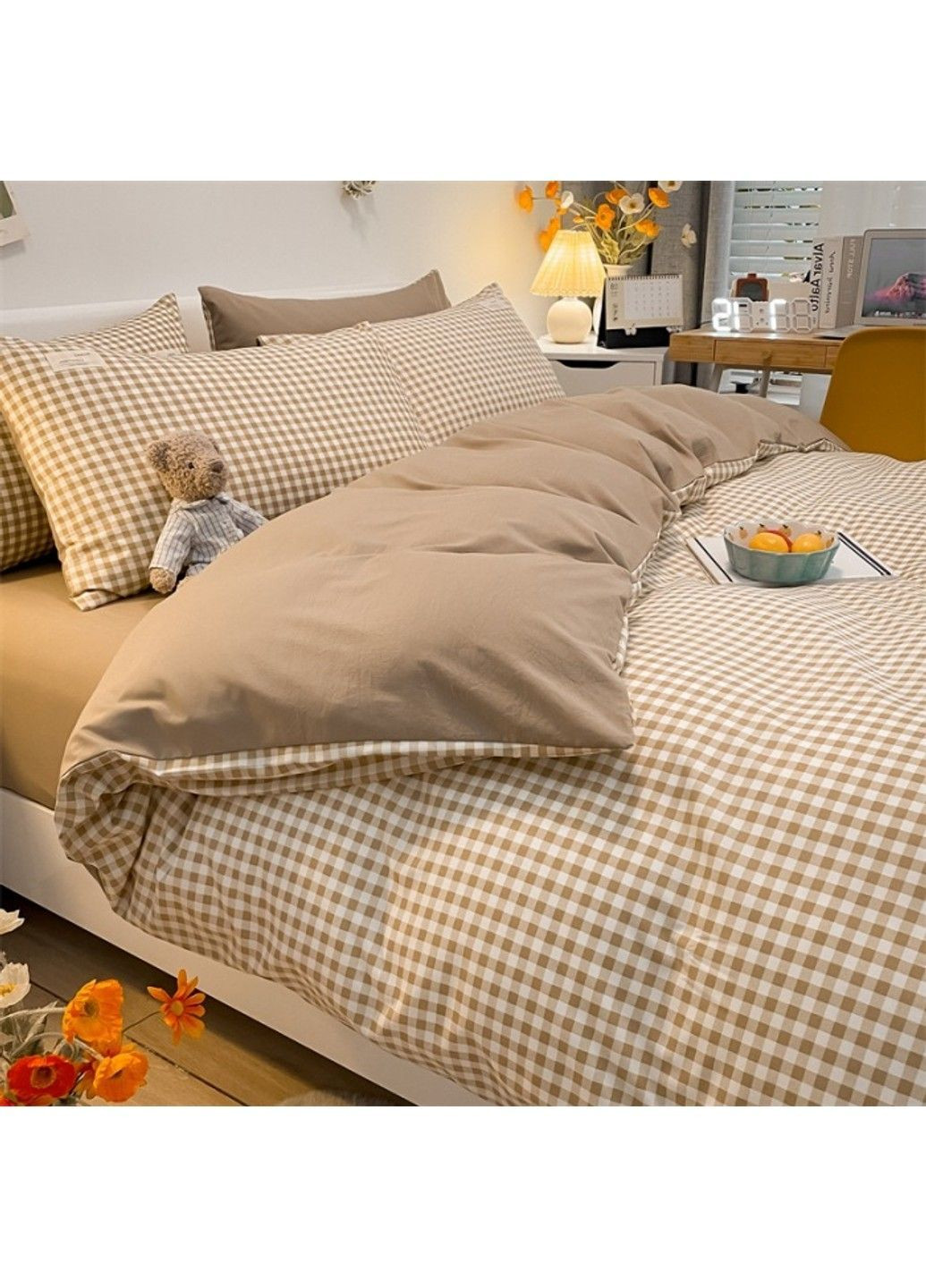 Постільна білизна двоспальна з вареної бавовни у коричневу клітинку No Brand (366964647)