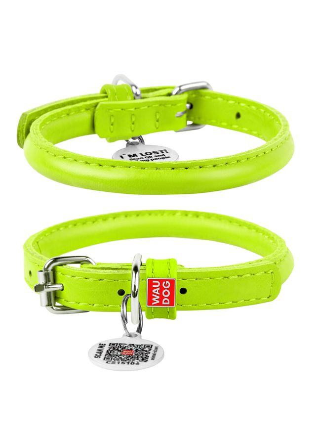 Нашийник для собак шкіряний Glamour з QR паспортом, круглий, Д 8 мм, Дов 25-33 см салатовий WAUDOG (322002074)