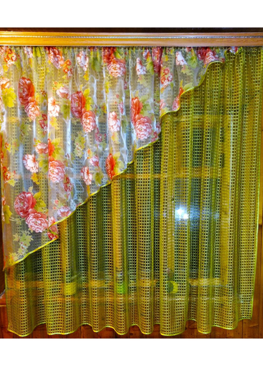 Занавеска готова короткая Фаина оливка пион левая No Brand (372134096)