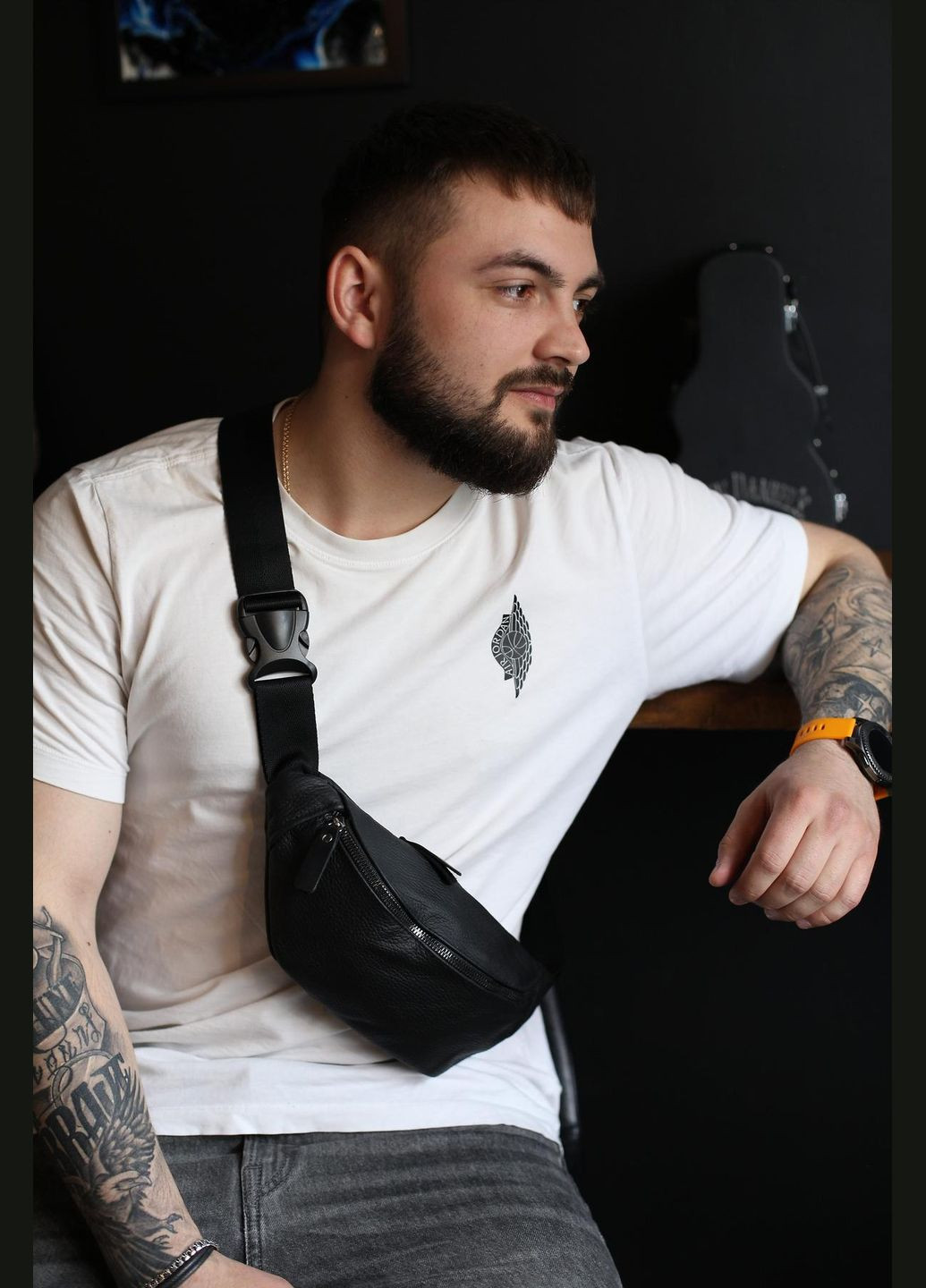 Мужская сумка на пояс из натуральной кожи SL010 (Черная) SKILL (323427264)