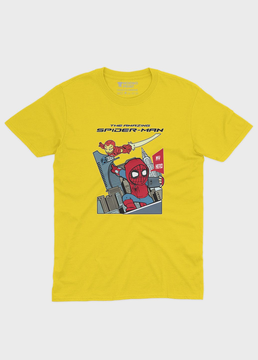Жовта демісезонна футболка для хлопчика з принтом супергероя - людина-павук (ts001-1-sun-006-014-074-b) Modno