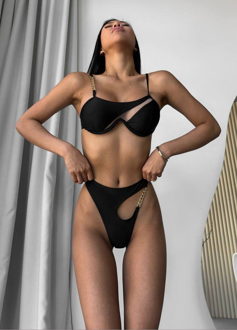 Чорний літній чорний жіночий роздільний купальник з золотистими ланцюжками, купальник з цепочками Lingerie