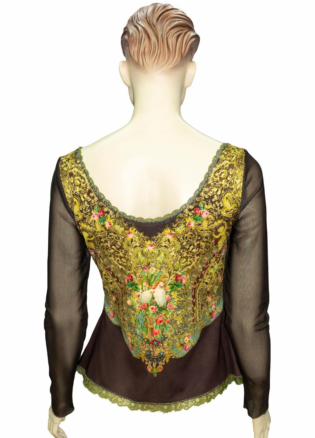 Коричневая блуза женская "золотой сад" с кристаллами swarovski, кружевом, вышивкой и цветочным принтом, ручная работа (р-m) Michal Negrin