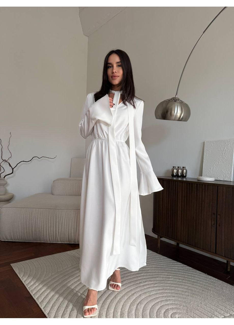 Молочное праздничный, вечернее женское платье меди с акцентом на талии MonCher