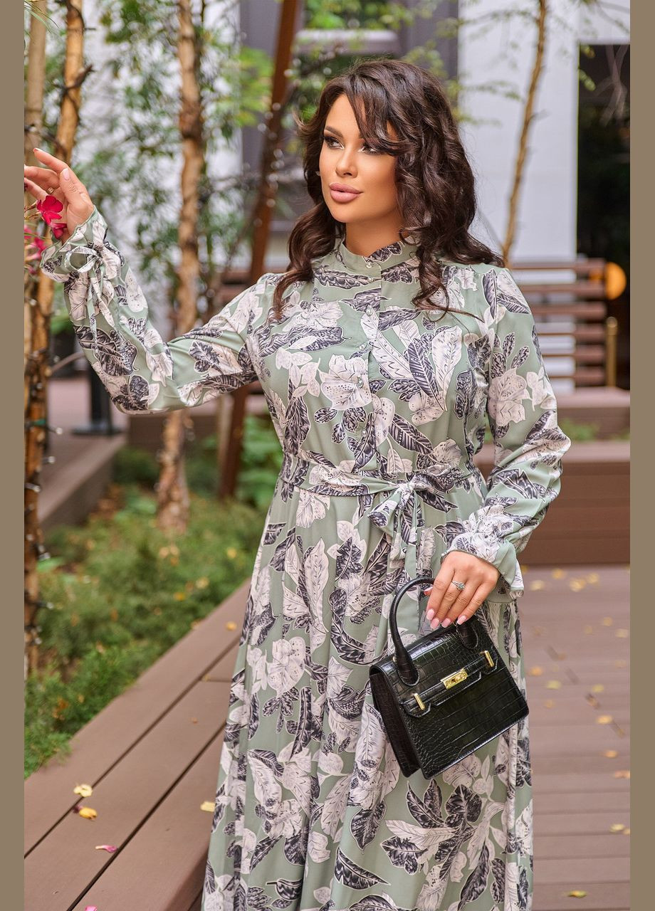 Оливковое (хаки) кэжуал платье 8636/1 в хаке цвете с супер-мягкой тканью (принт) и поясом: стильное, комфортное и универсальное 50 Sofia
