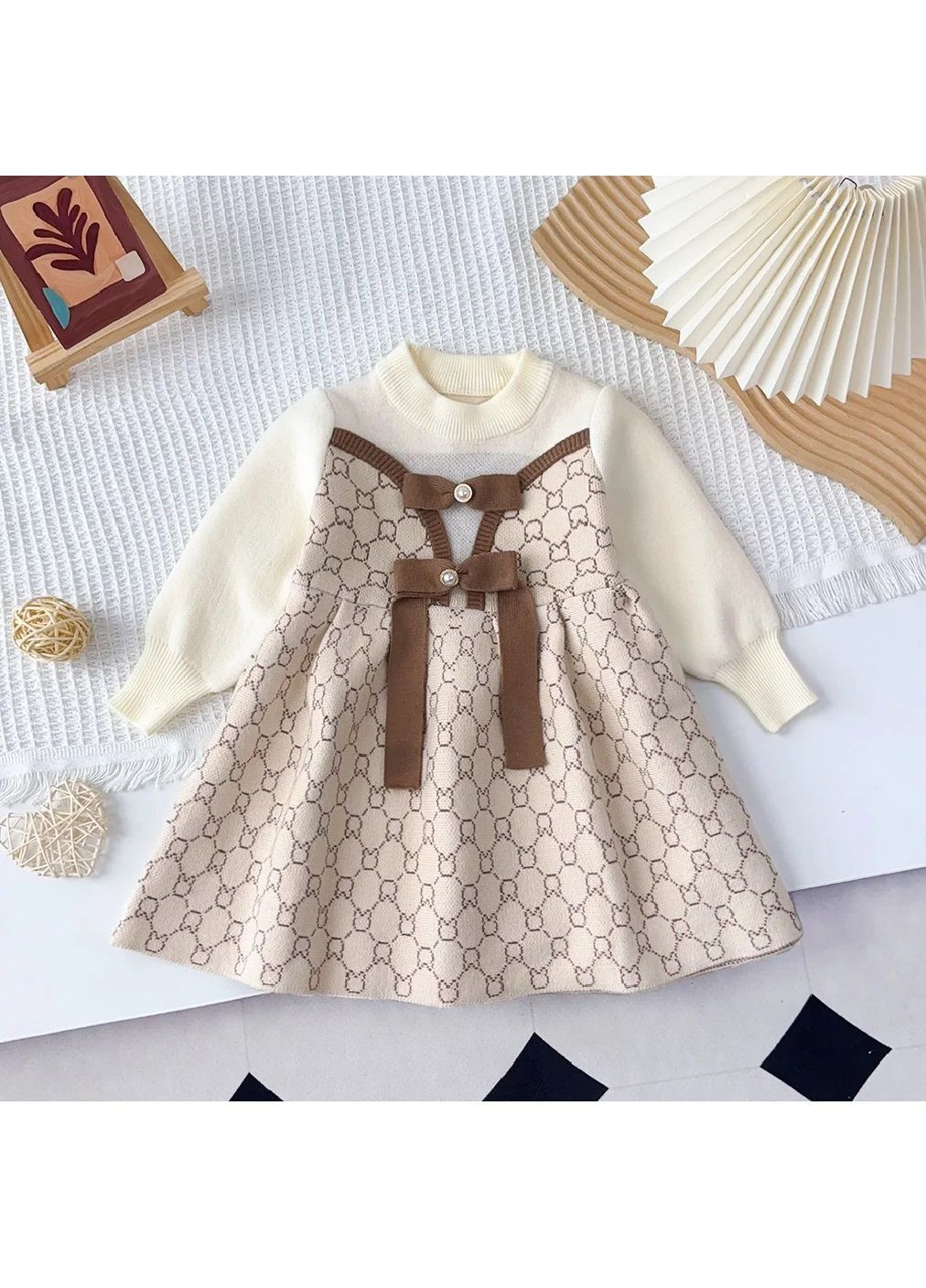 Бежева дитяча тепла святкова в'язана повсякденна сукня зі знімними бантиками для дівчаток (481703-prob) бежева розмір 130 Unbranded (365574415)