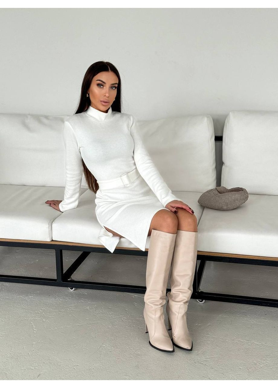 Молочна ангорова сукня мiнi з поясом молочного кольору 35482 сукня светр Fashion однотонна
