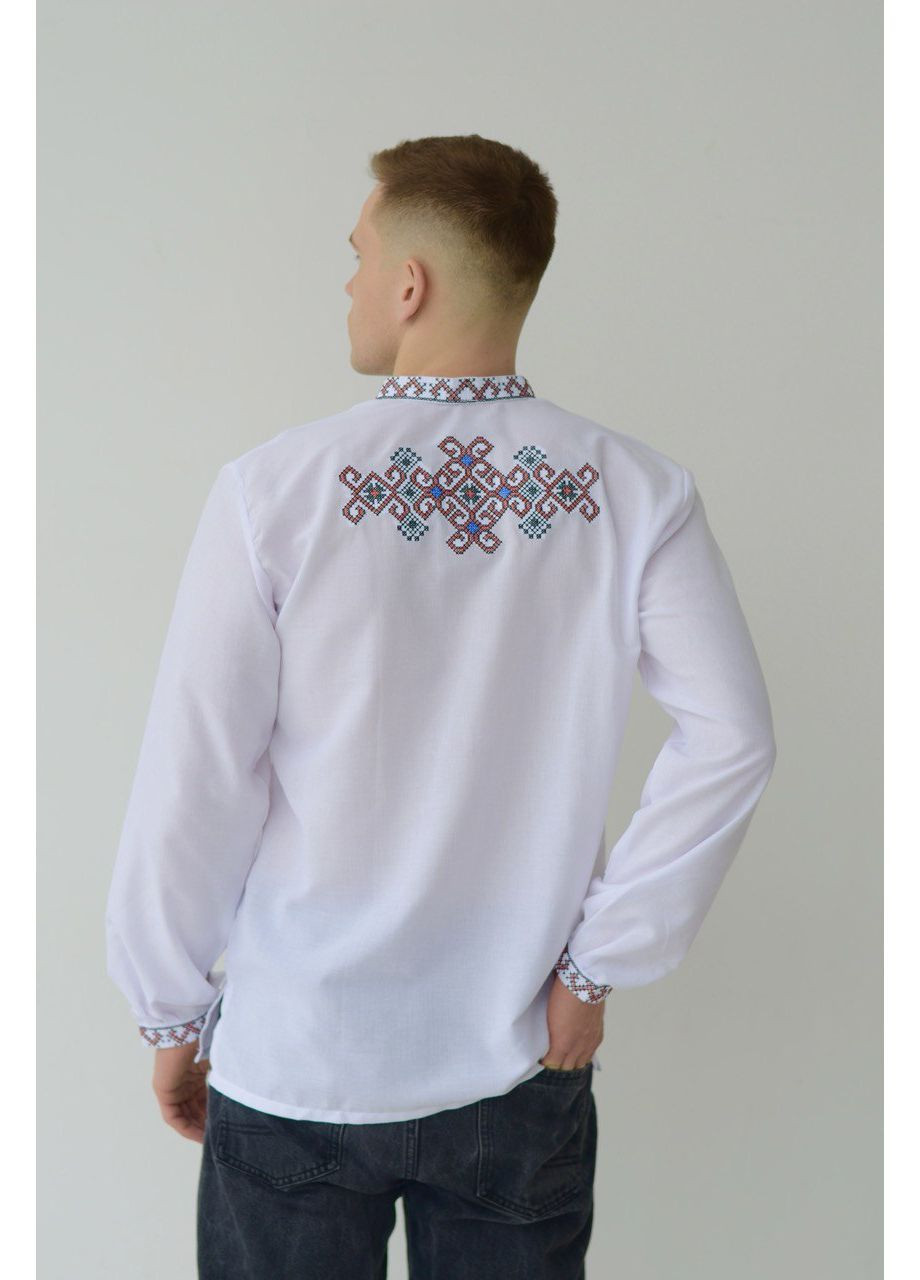 Белая мужская рубашка-вышиванка с вышивкой на спине узор фламинго прямой, свободная хлопок (352473811)