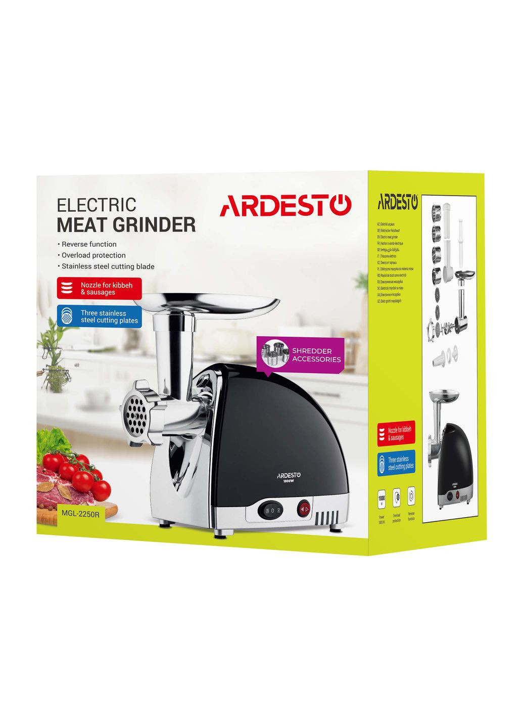 М'ясорубка, 1800Вт, продук.-2кг/хв, 3 решітки + для ковб., кеббе, 4 терки, пластик, чорно-сріблястий Ardesto (314749665)