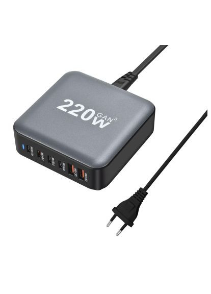Зарядний пристрій 1xUSB-С PD100W + 1xUSB-С PD45W + 2xUSB-С PD20W + 2xUSB QC18W 220W GaN (QC-220) XoKo 1xUSB-С PD100W + 1xUSB-С PD45W + 2xUSB-С PD20W + 2 (369880779)