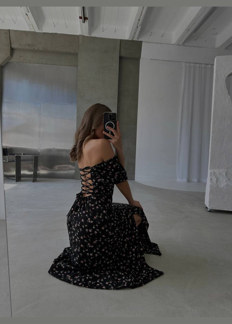 Чорна потрібна сукня-максі із супер-софту з вирізом від стегна та відкритою спиною на шнурівці, літня сукня у квітковому принті No Brand з квітковим принтом