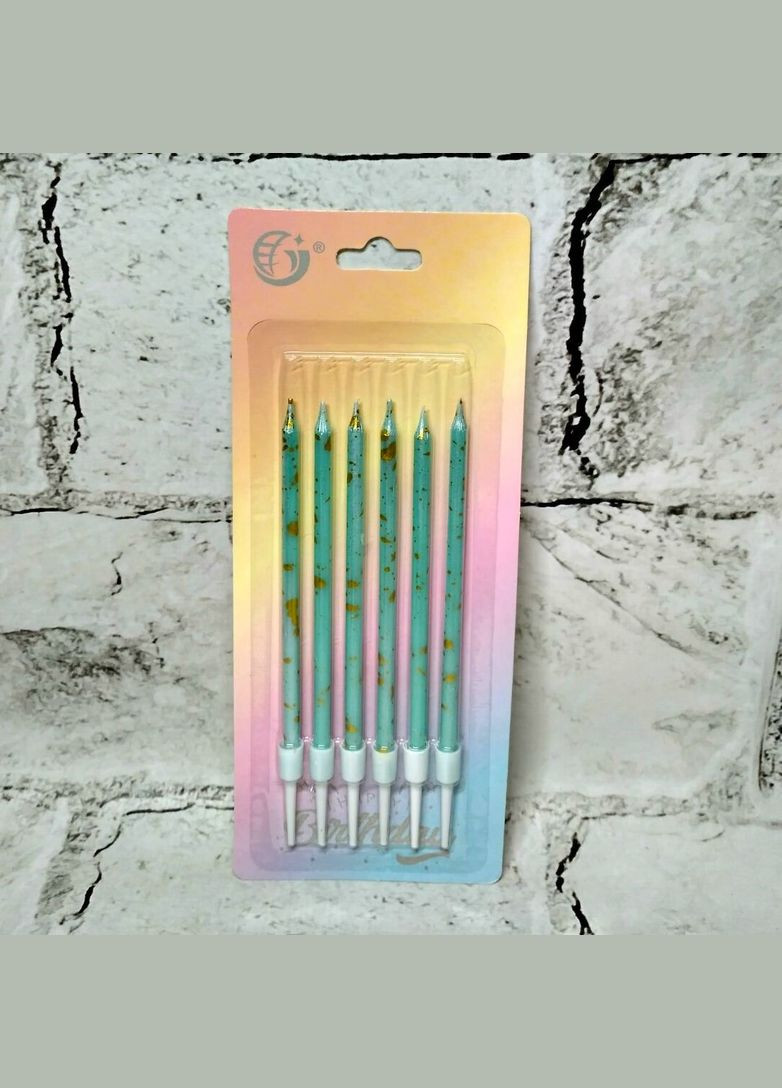 Свічки для торта тонкі набір 6 шт висота 10 см Бірюзові з золотими краплями No Brand (326051644)