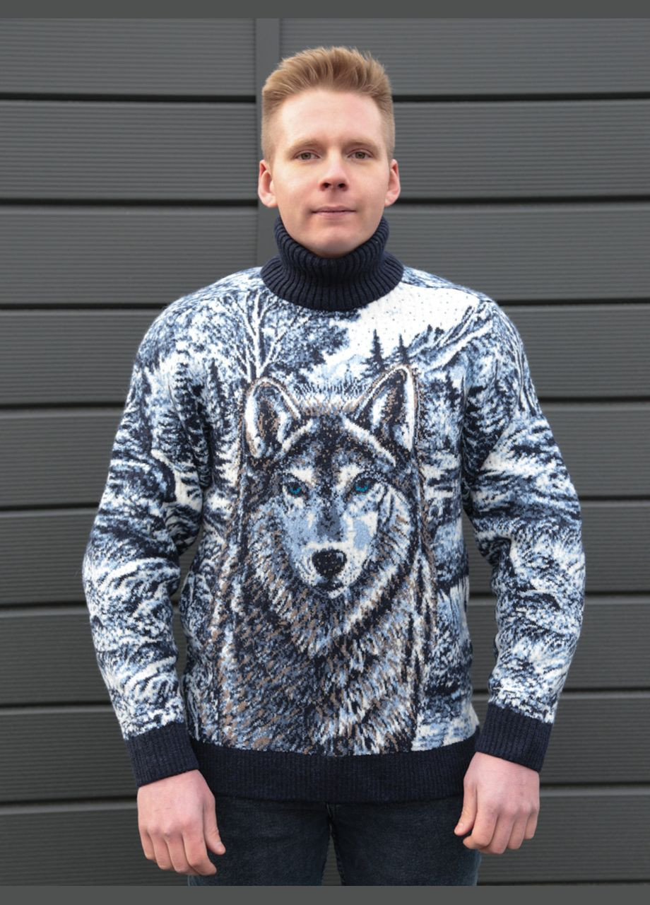 Темно-синий зимний свитер мужской синий зимний с волком большой размер Pulltonic Пряма