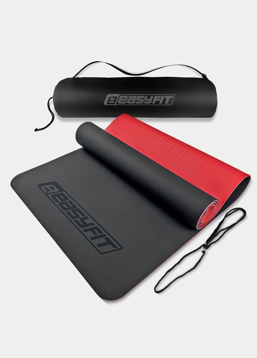 Килимок для йоги та фітнеса TPE+TC 6мм двошаровий + Чохол чорний з червоним EasyFit (365783223)