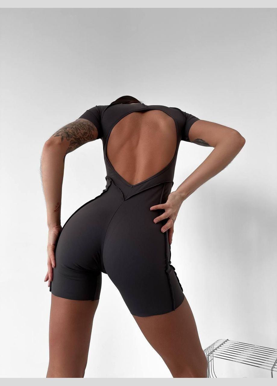 Спортивный комбинезон (короткий) «с имитацией корсета» с чашками и без пуш-ап, темно-серого цвета, размер S Trends комбинезон-шорты однотонный тёмно-серый спортивный