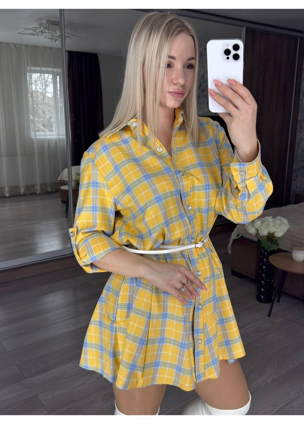Желтое повседневный, кэжуал женское платье-рубашка рубашка Style Point в клетку
