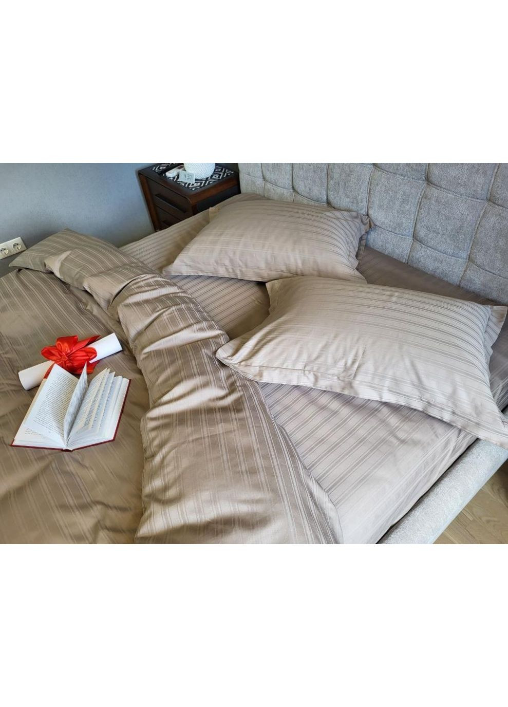 Постільна білизна з резинкою Мульти страйп сатин CACAO, PREMIUM Двухспальний розмір, наволочки 50/70 No Brand (364220042)