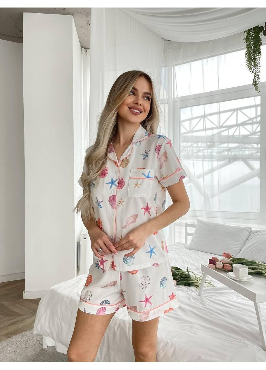 Белая пижама женская с принтом ракушек и морских звезд ткань софт / летняя пижама морской принт ракушки и звезды / комплект для сна No Brand