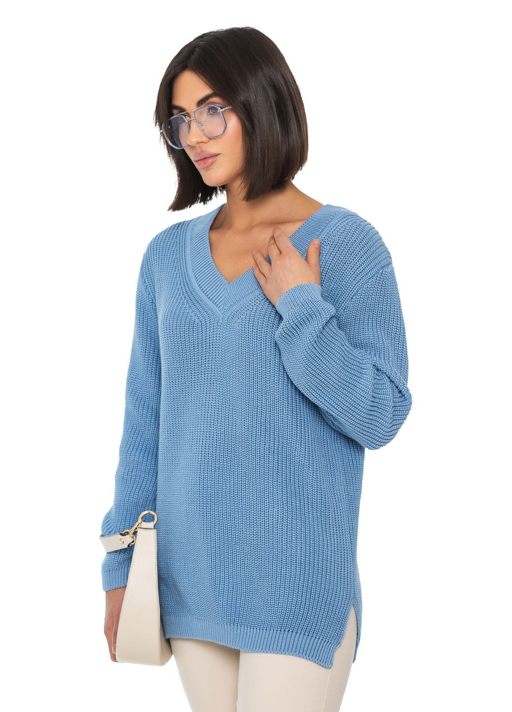 Блакитний жіночий бавовняний светр з v-подібним коміром SVTR