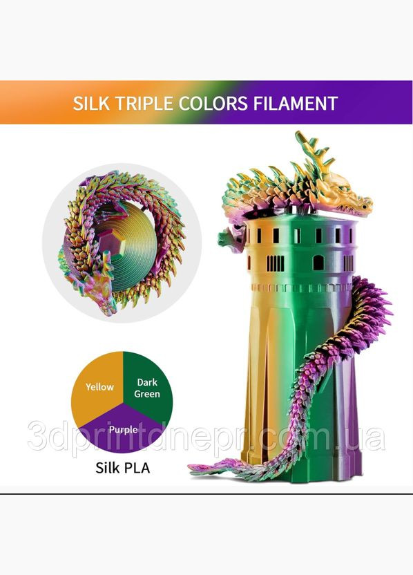 Филамент/пластик Silk Tri-Color PLA, Dark Green & Purple & Yellow 1кг Eryone (339042726)