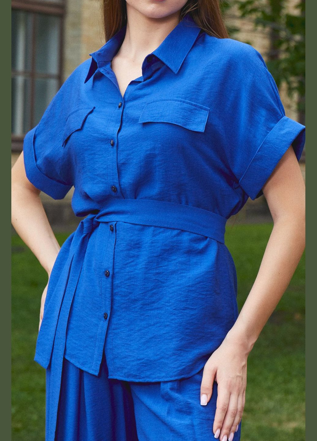 Темно-синя жіноча блузка з коротким рукавом (ll197750067) LadyLike