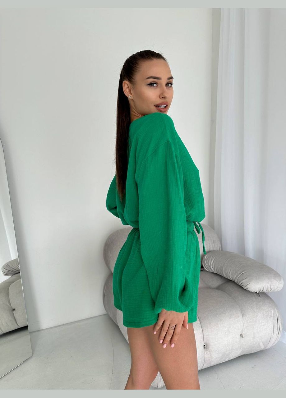 Зеленая женская пижама муслин рубашка + шорты No Brand