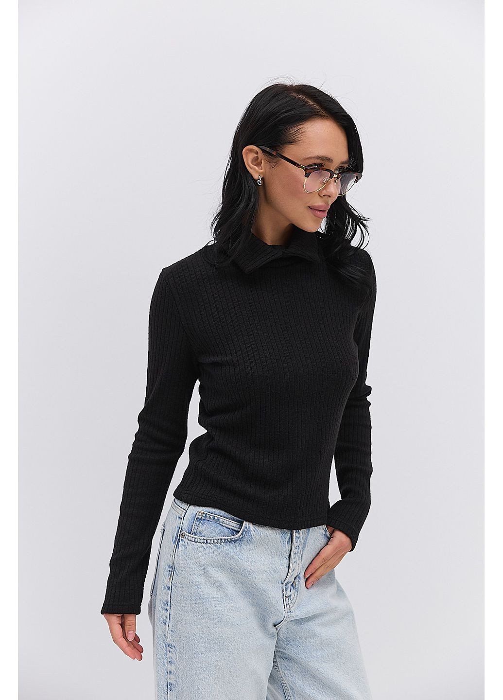 Женский теплый лонгслив в рубчик со стоячим отложным воротником Arjen (366748803)